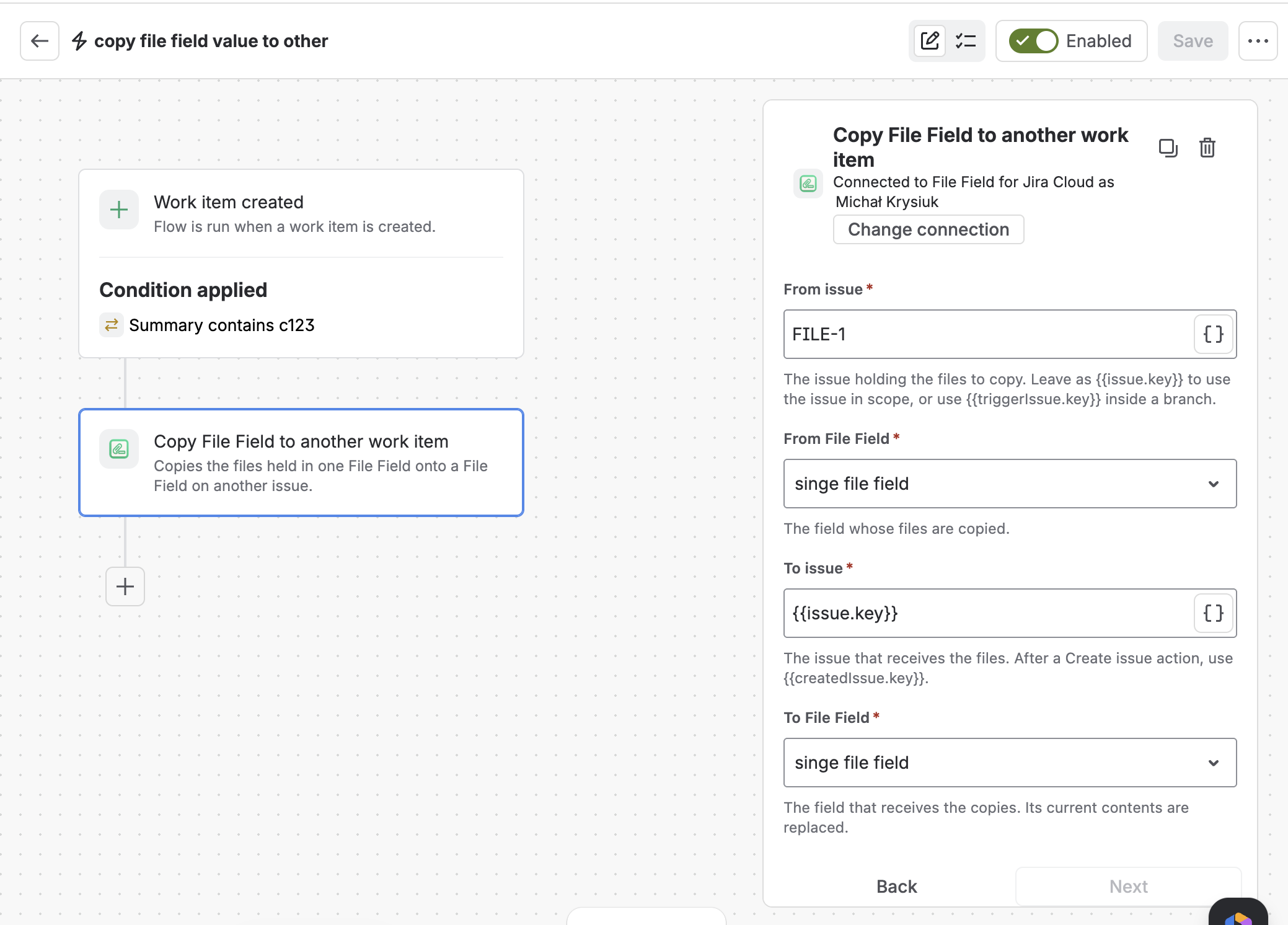 A Jira Automation rule — a “Work item created” trigger with a condition, followed by the “Copy File Field to another work item” action, whose panel shows the From issue, From File Field, To issue and To File Field inputs filled in