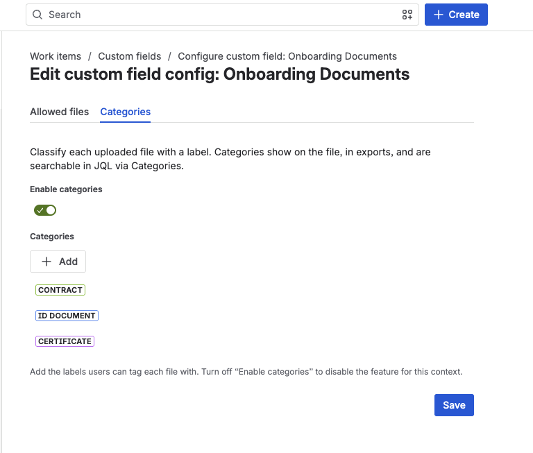 The Categories tab for Onboarding Documents — Enable categories turned on, with Contract, ID Document, and Certificate defined and a Save button