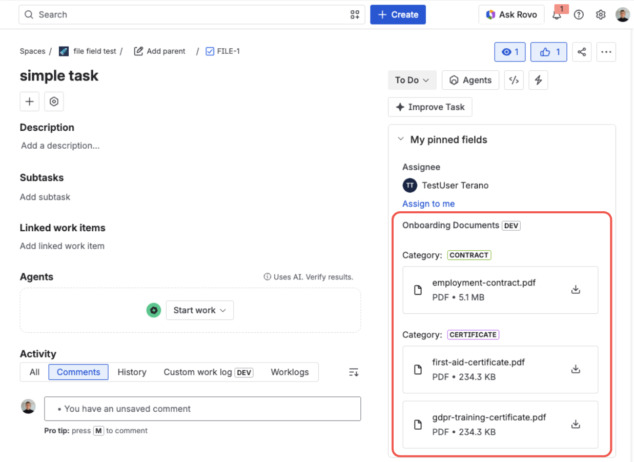 A Jira issue view — the Onboarding Documents field showing files grouped under colored Contract and Certificate category labels, including two files under Certificate
