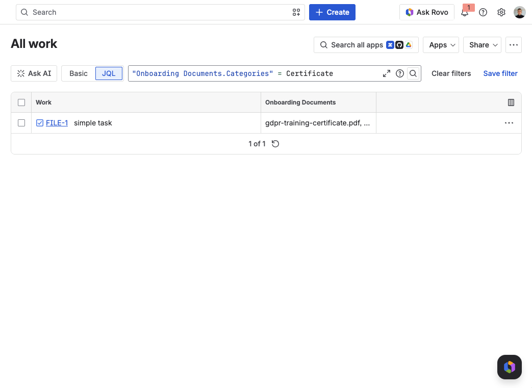 Jira Advanced search in JQL mode — the query "Onboarding Documents.Categories" = Certificate returning the issue that has a certificate file