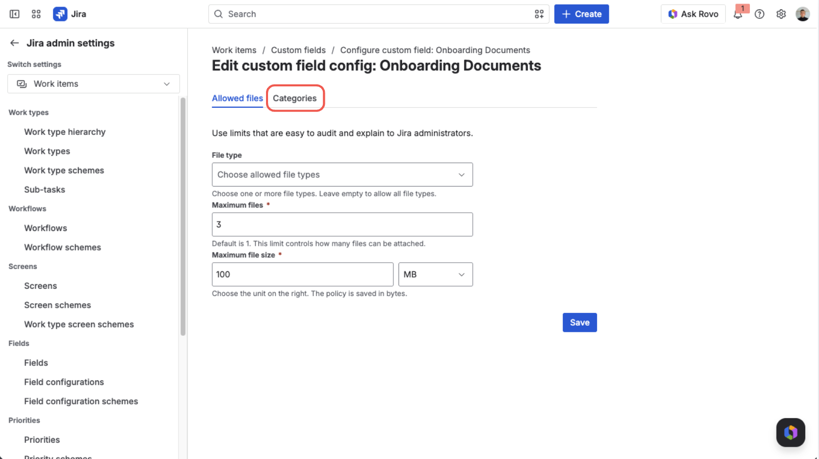 Edit custom field config for the Onboarding Documents field — the Categories tab highlighted next to the Allowed files tab