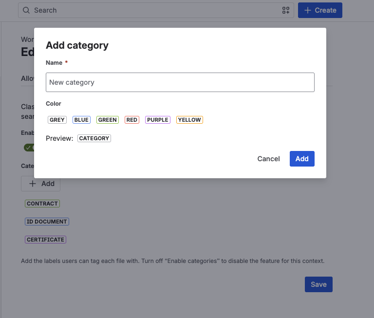 The Add category dialog — a Name field, the six color choices, and a live label Preview, over the Categories tab listing Contract, ID Document, and Certificate