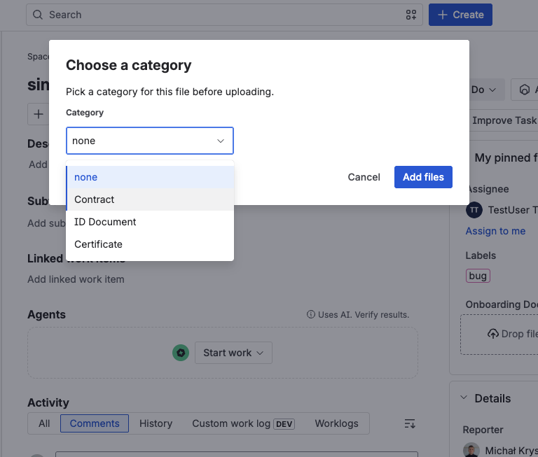 The Choose a category dialog during an upload — a category dropdown open showing none, Contract, ID Document, and Certificate, with Add files and Cancel buttons