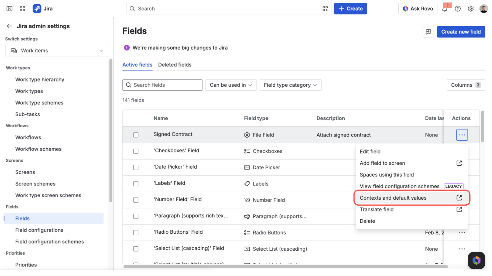 Fields list — the actions menu on the Signed Contract field with “Contexts and default values” highlighted