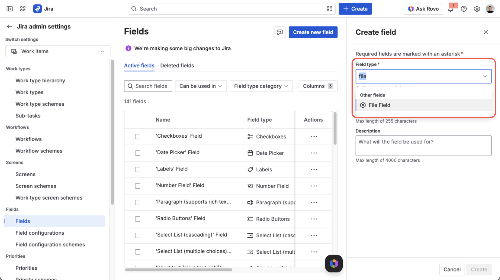 Creating the File Field custom field — searching for and selecting the File Field type in Jira's Work items → Fields admin