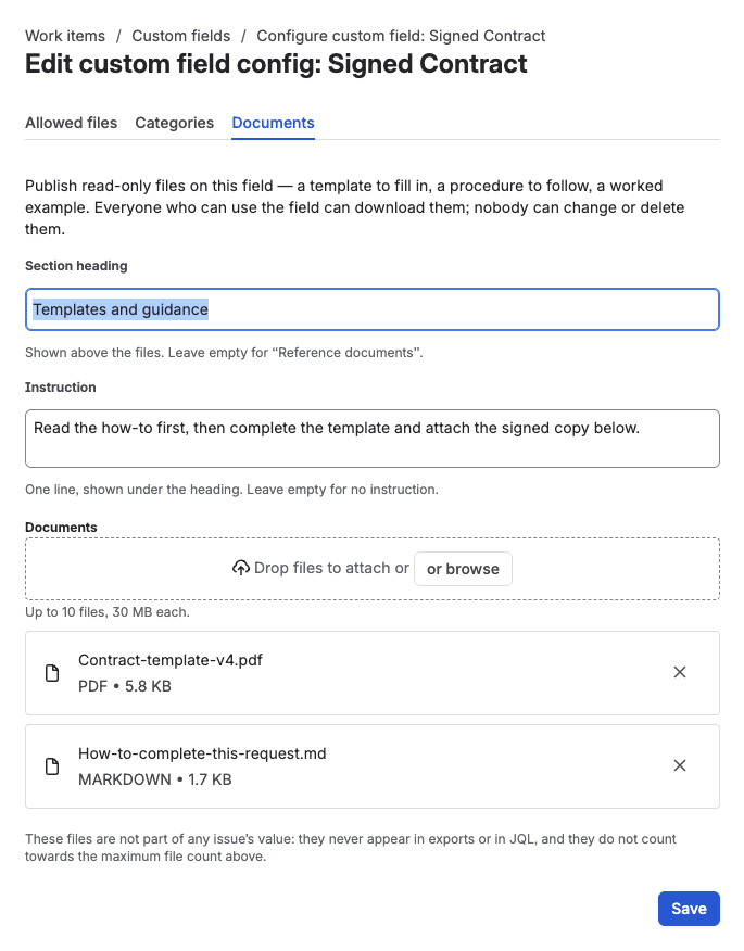 The finished Documents tab for the Signed Contract field — the section heading and instruction filled in, a contract template and a how-to guide listed as documents, and the Save button