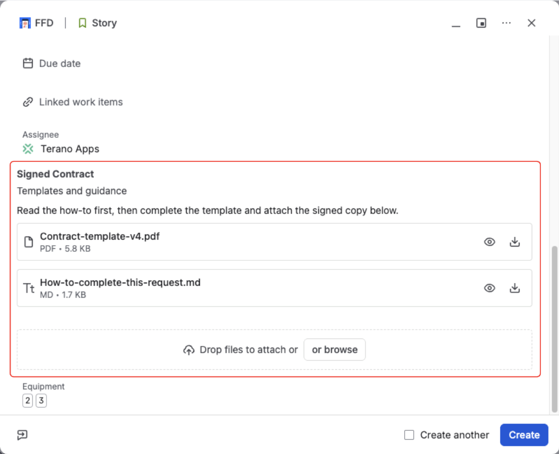 A Jira create-issue form — the Signed Contract field with a “Templates and guidance” section holding a contract template and a how-to guide, each offering preview and download but no delete, above the empty drop zone for attaching your own file
