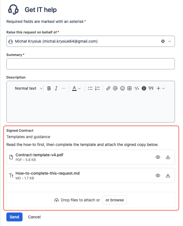 A Jira Service Management portal request form — the Signed Contract field showing a “Templates and guidance” section with an instruction line and two documents, a contract template and a how-to guide, each with preview and download actions, above an empty drop zone