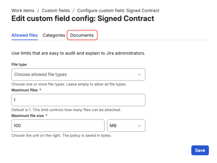 Edit custom field config for the Signed Contract field — the Documents tab highlighted beside the Allowed files and Categories tabs