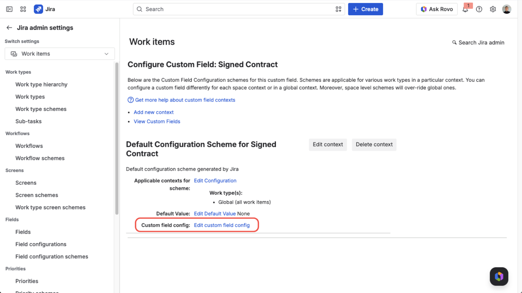 Configure Custom Field page — the “Edit custom field config” link for the default configuration scheme