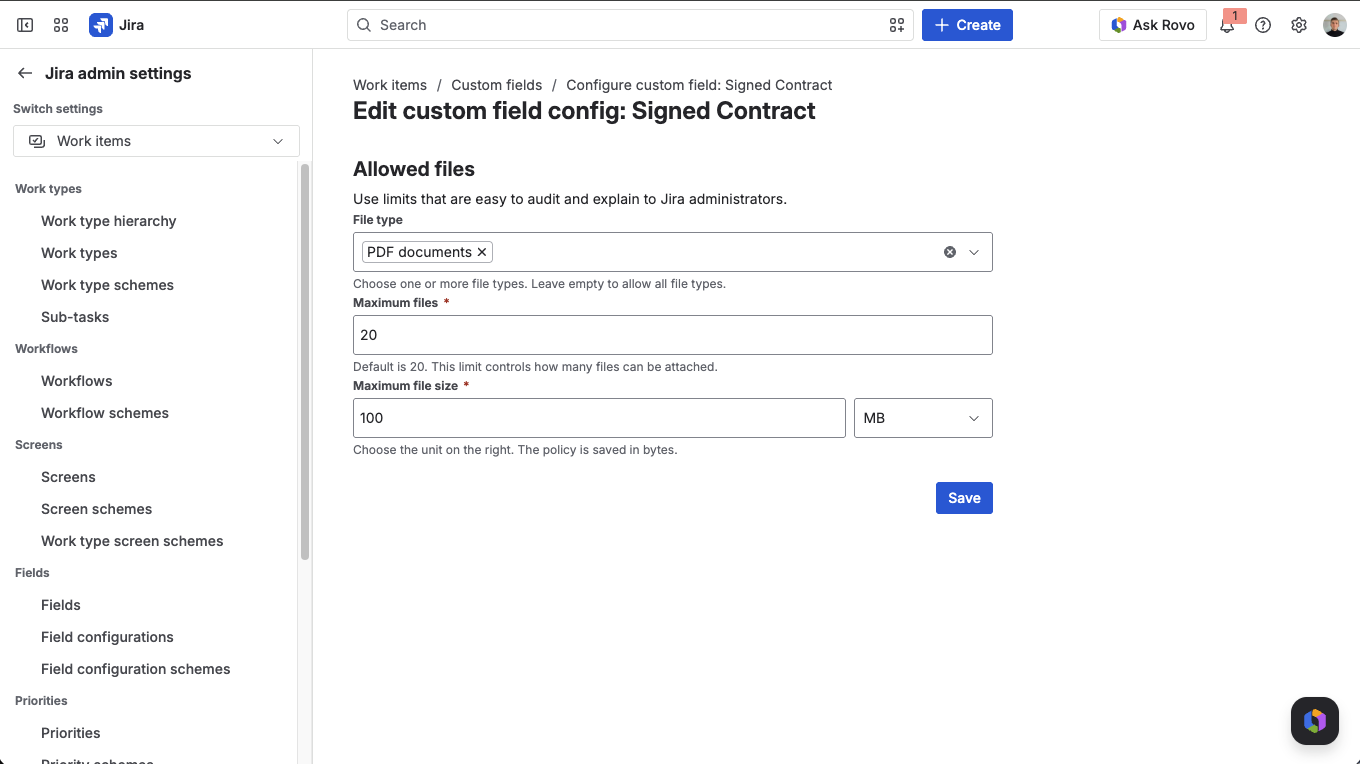 Edit custom field config — the Allowed files form with file type, maximum files, and maximum file size settings