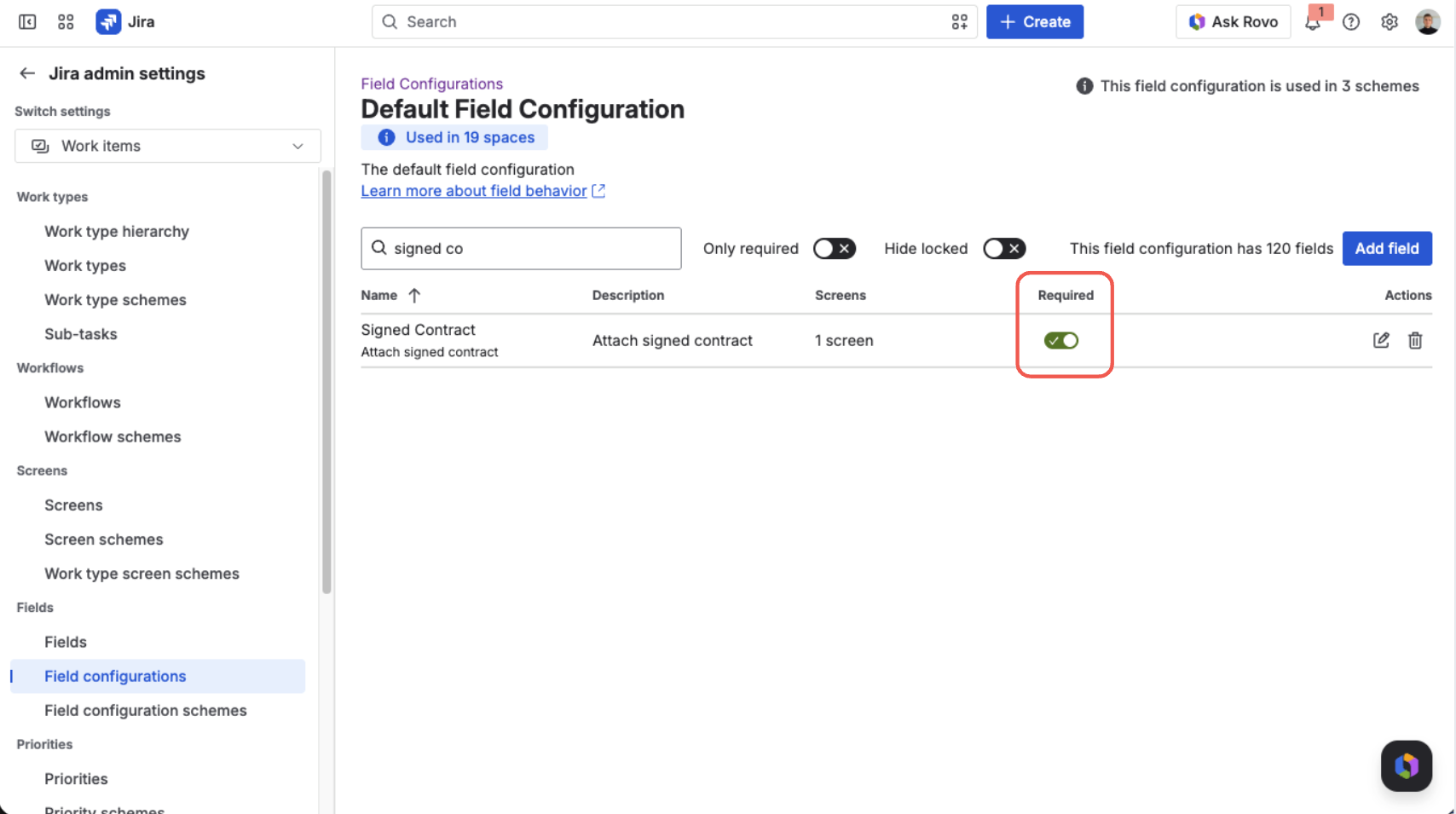 Default Field Configuration in Jira admin — the Signed Contract field with the Required toggle enabled