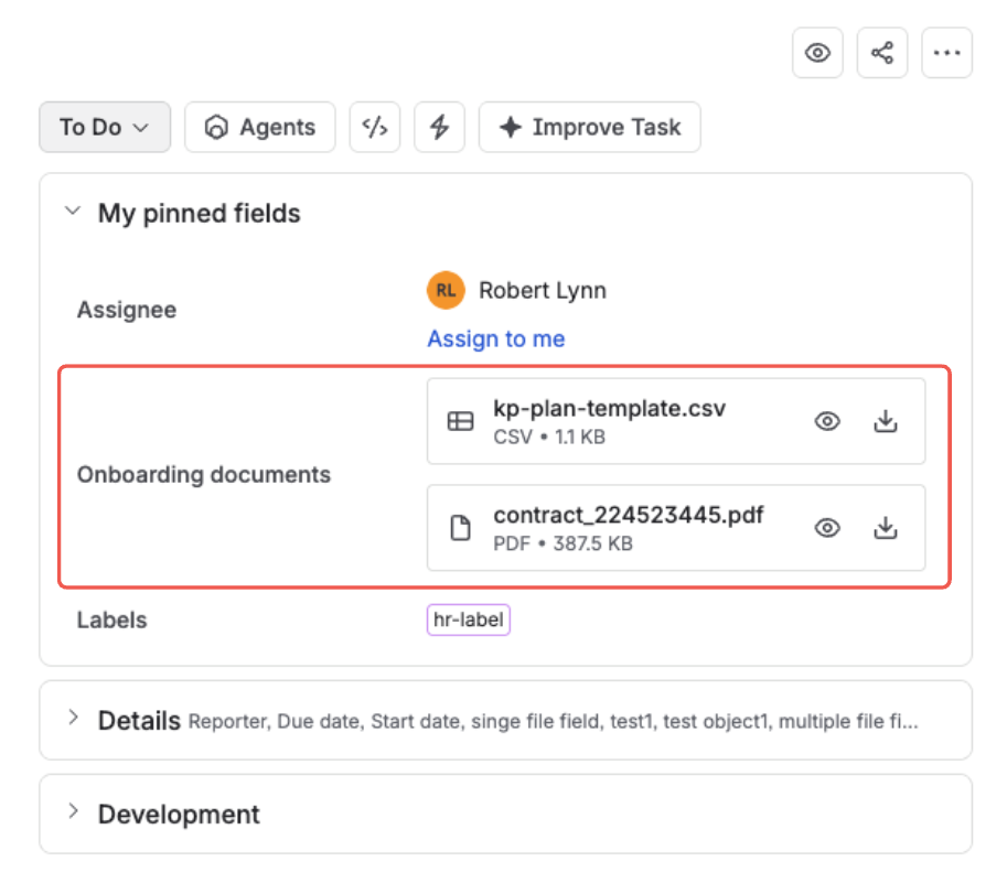 A Jira issue view — the Onboarding documents field drawing two files as full-width cards, each showing the file name with its type and size underneath, and preview and download actions