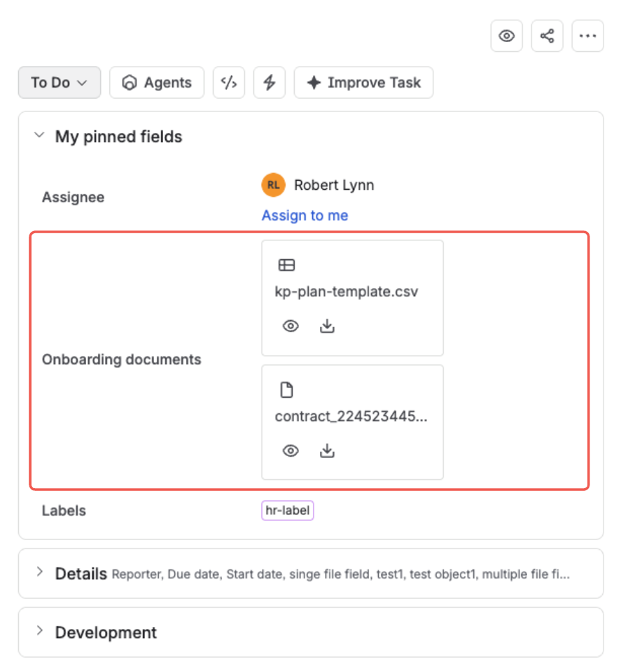 A Jira issue view — the Onboarding documents field drawing two files as tiles, stacked in a single column because the field sits in a narrow sidebar, each tile showing a file type icon above a file name and the preview and download actions