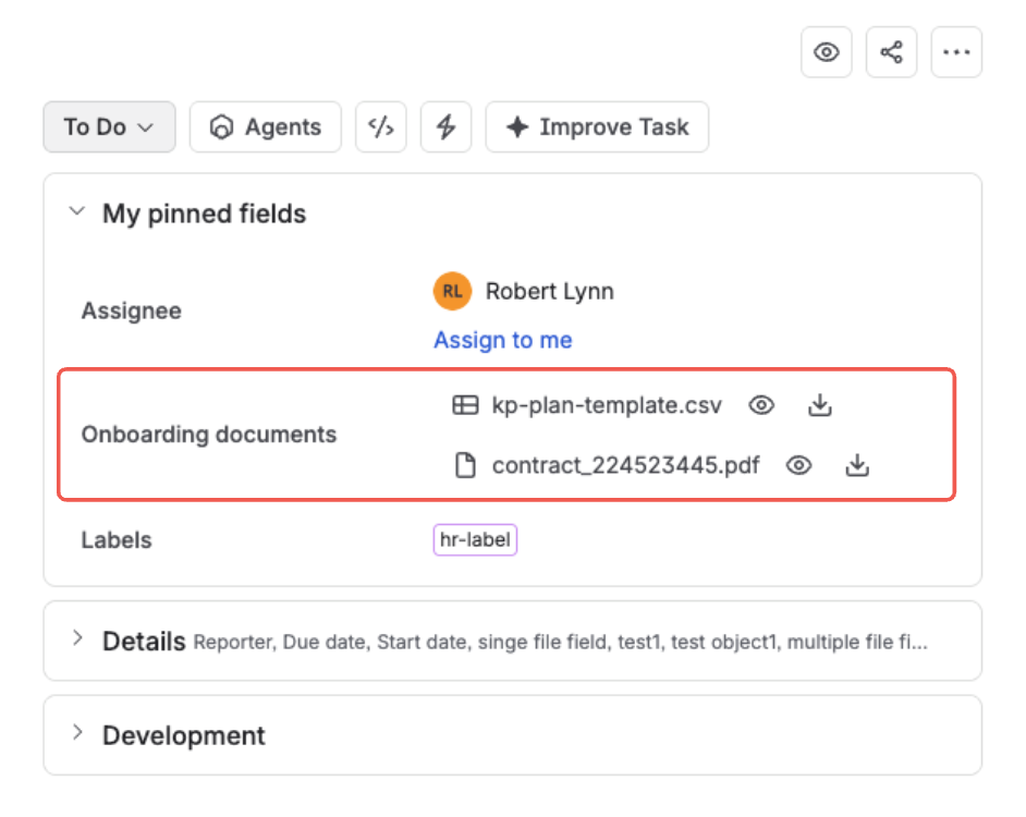 A Jira issue view — the Onboarding documents field drawing two files as one-line rows, each with a file type icon, the file name, and preview and download actions