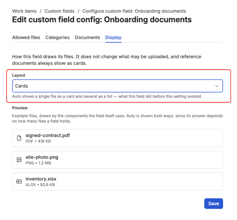 The Display tab of the Onboarding documents field configuration — the Layout select highlighted and set to Cards, with a Preview below it drawing three example files as full-width cards