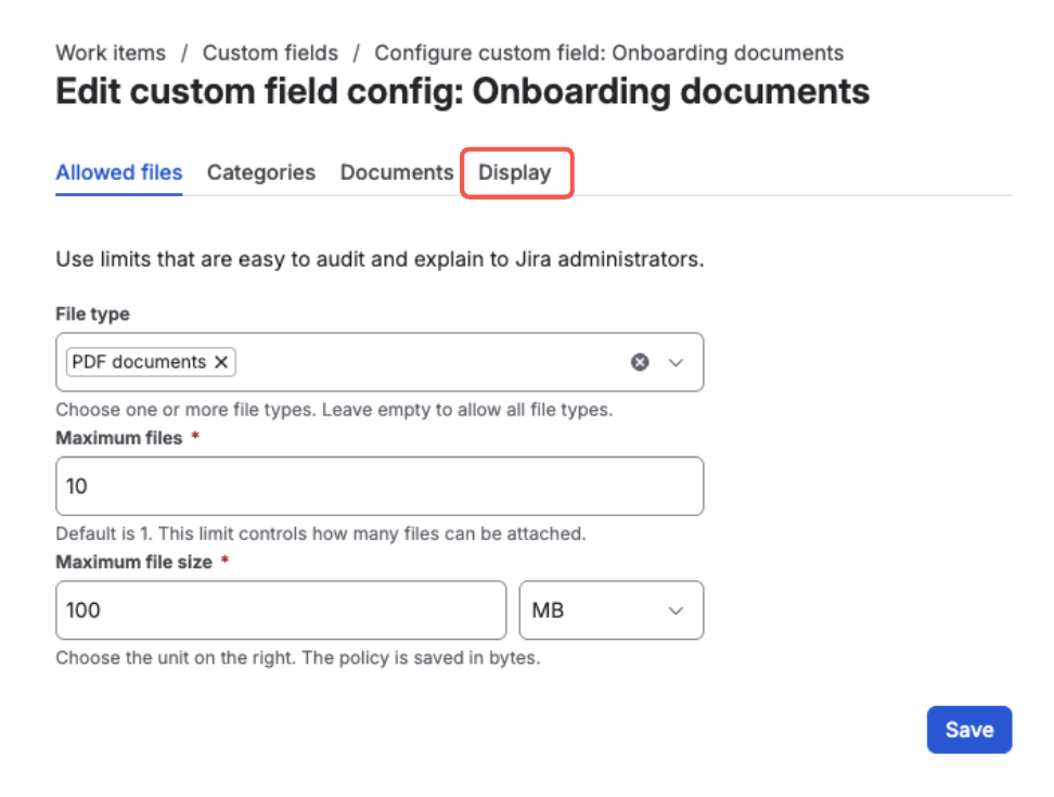 Edit custom field config for the Onboarding documents field — the Display tab highlighted at the end of the row, after Allowed files, Categories, and Documents