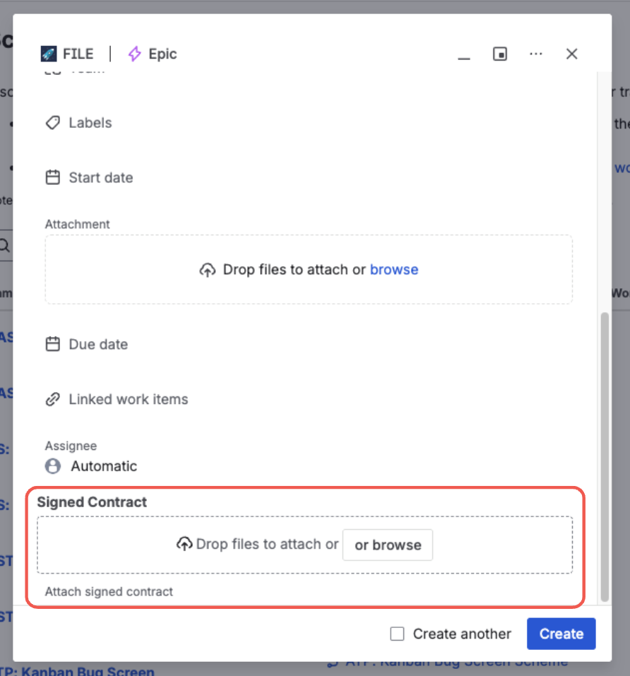 Create-issue form showing the Signed Contract File Field with a “Drop files to attach or browse” area