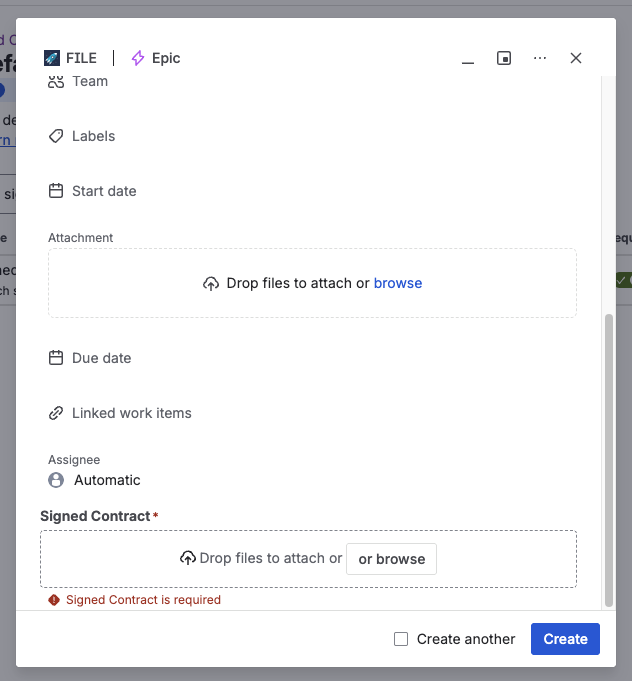Create-issue form — the Signed Contract field marked with an asterisk and a "Signed Contract is required" validation error