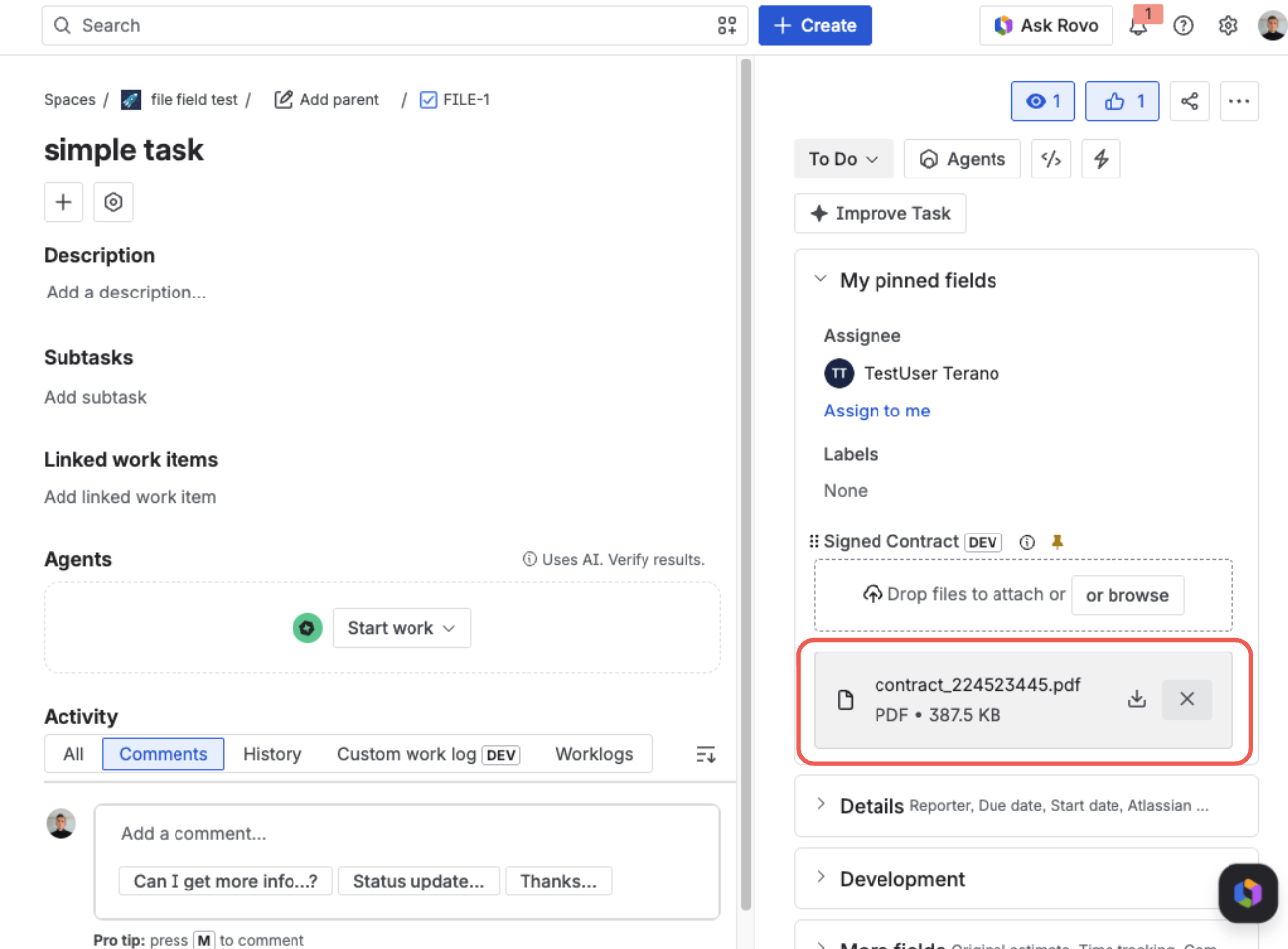 Jira issue view — the Signed Contract field with an attached PDF showing its name, type, size, and download and delete icons