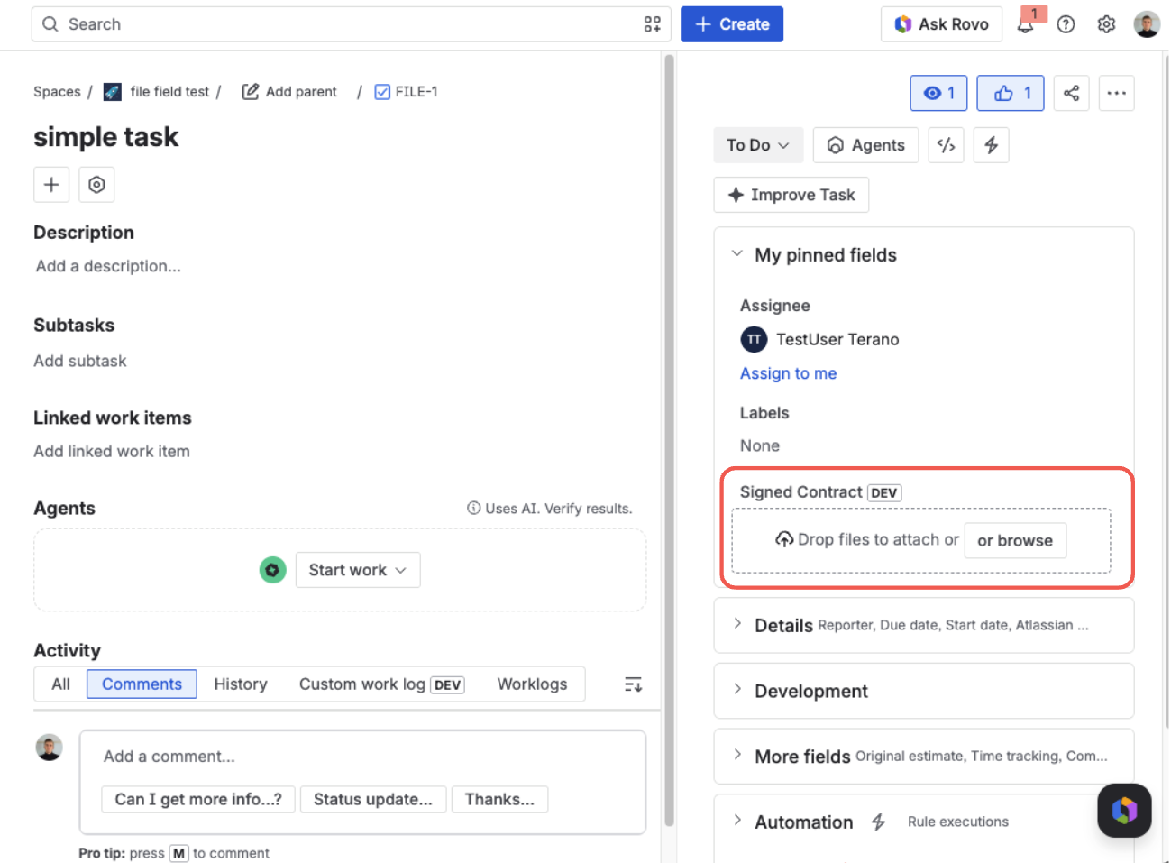 Jira issue view — the Signed Contract field showing a drop zone with "Drop files to attach or browse"