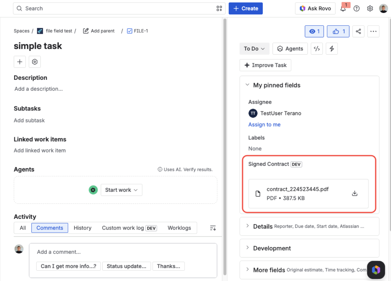 Jira issue view — the Signed Contract field showing an attached PDF file with its name, type, size, and a download icon