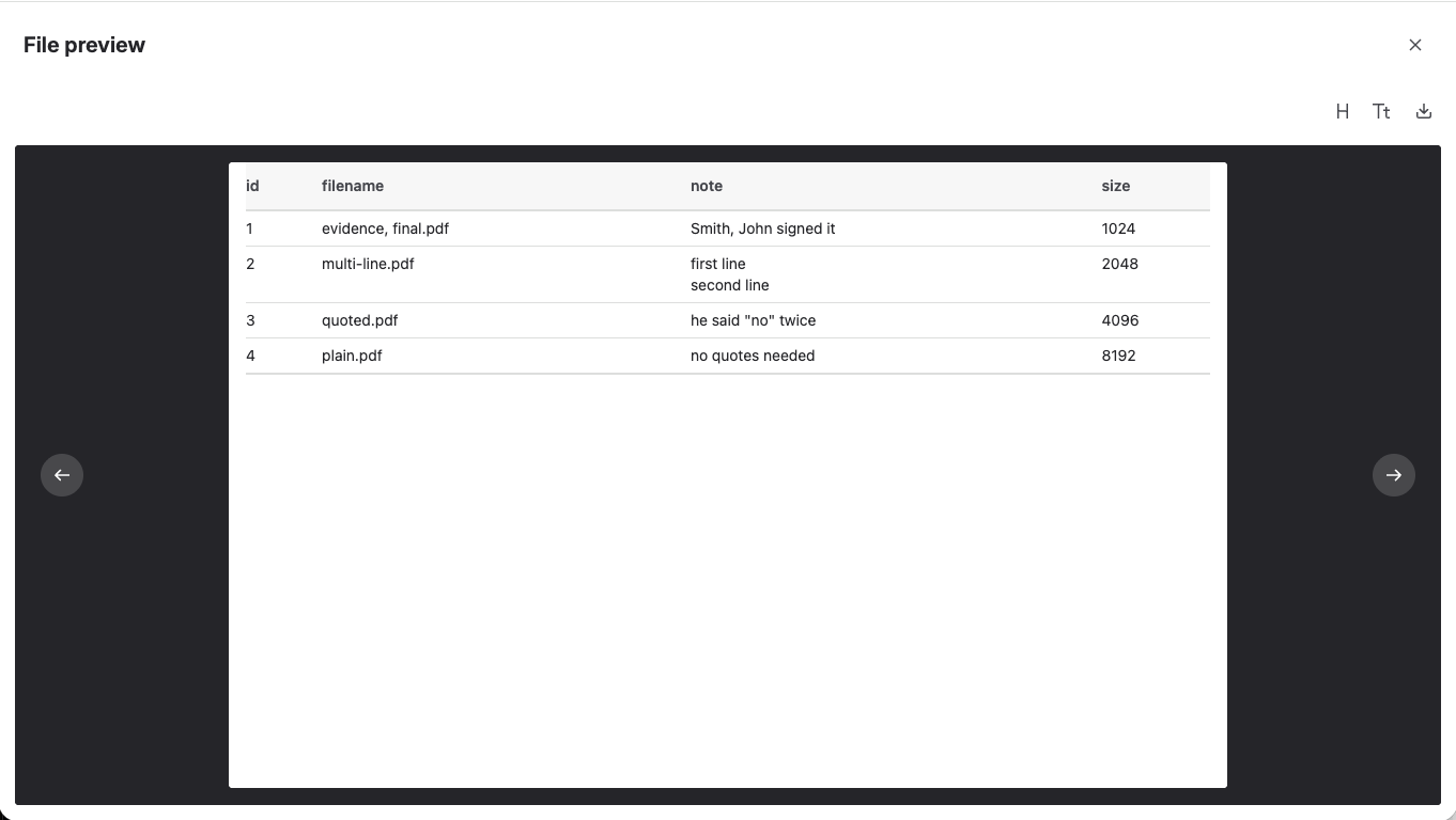 The File Field preview open full-screen on a CSV file shown as a table with id, filename, note, and size columns, arrows for the previous and next file at the sides, and a header row toggle, a raw text toggle, and download in the row above it