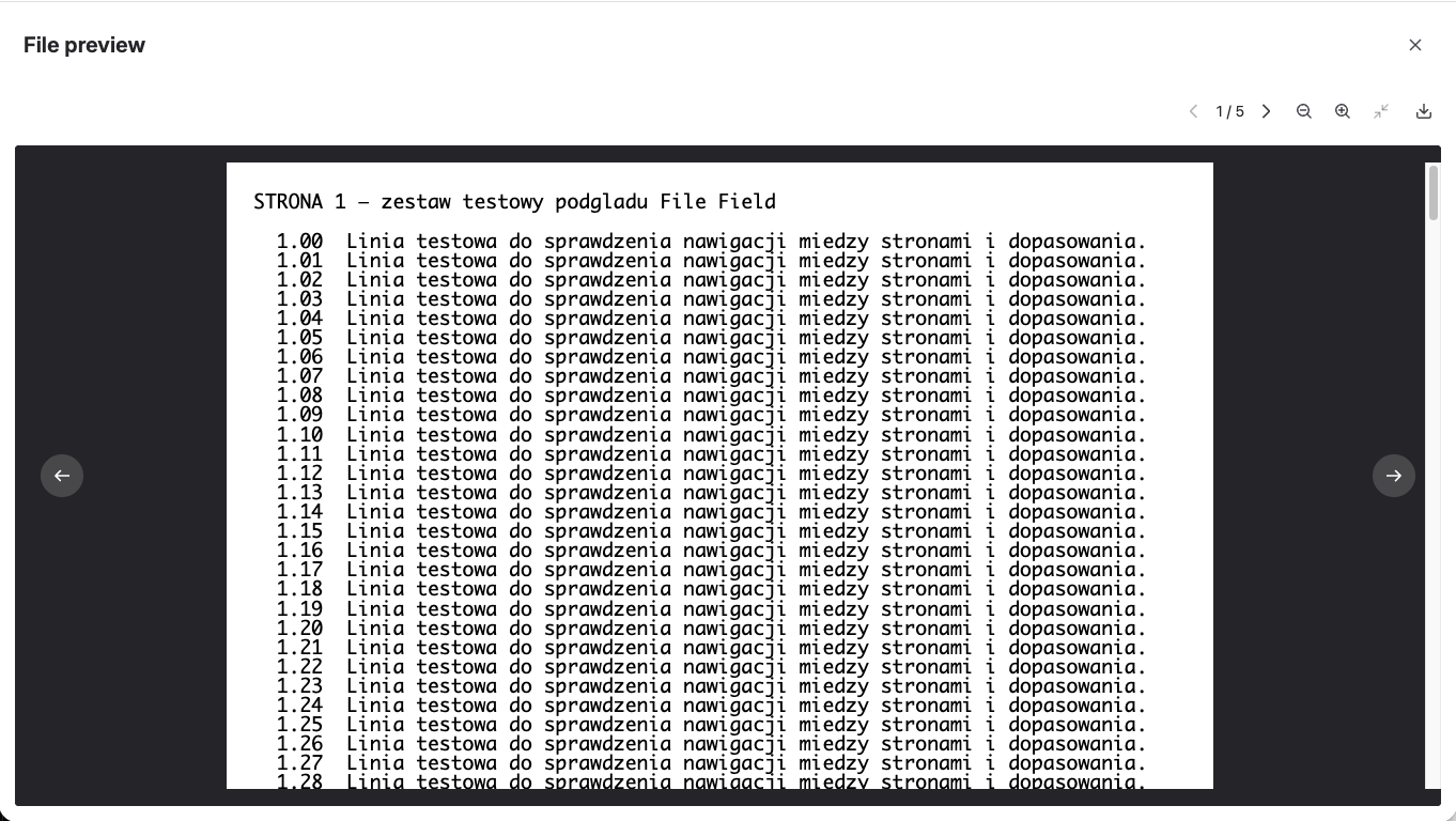 The File Field preview open full-screen on a PDF, showing the first of five pages in a continuous scroll, with a page counter reading 1 / 5 and previous and next page buttons in the row above it, next to zoom out, zoom in, fit, and download