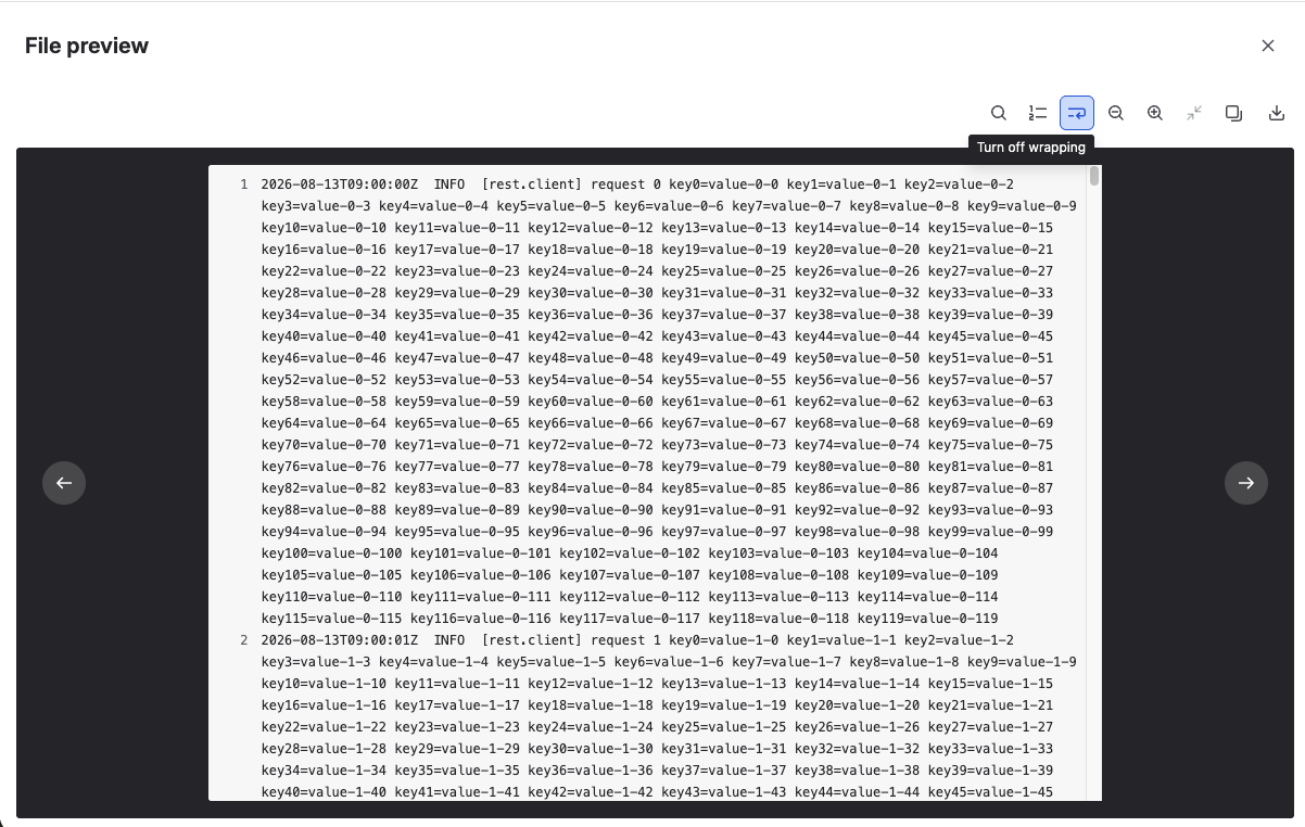 The File Field preview open full-screen on a log file — numbered, wrapped lines, arrows for the previous and next file at the sides, and a row of icons above the file: find, line numbers, a wrapping toggle with its Turn off wrapping tooltip open, text size down and up, reset, copy, and download
