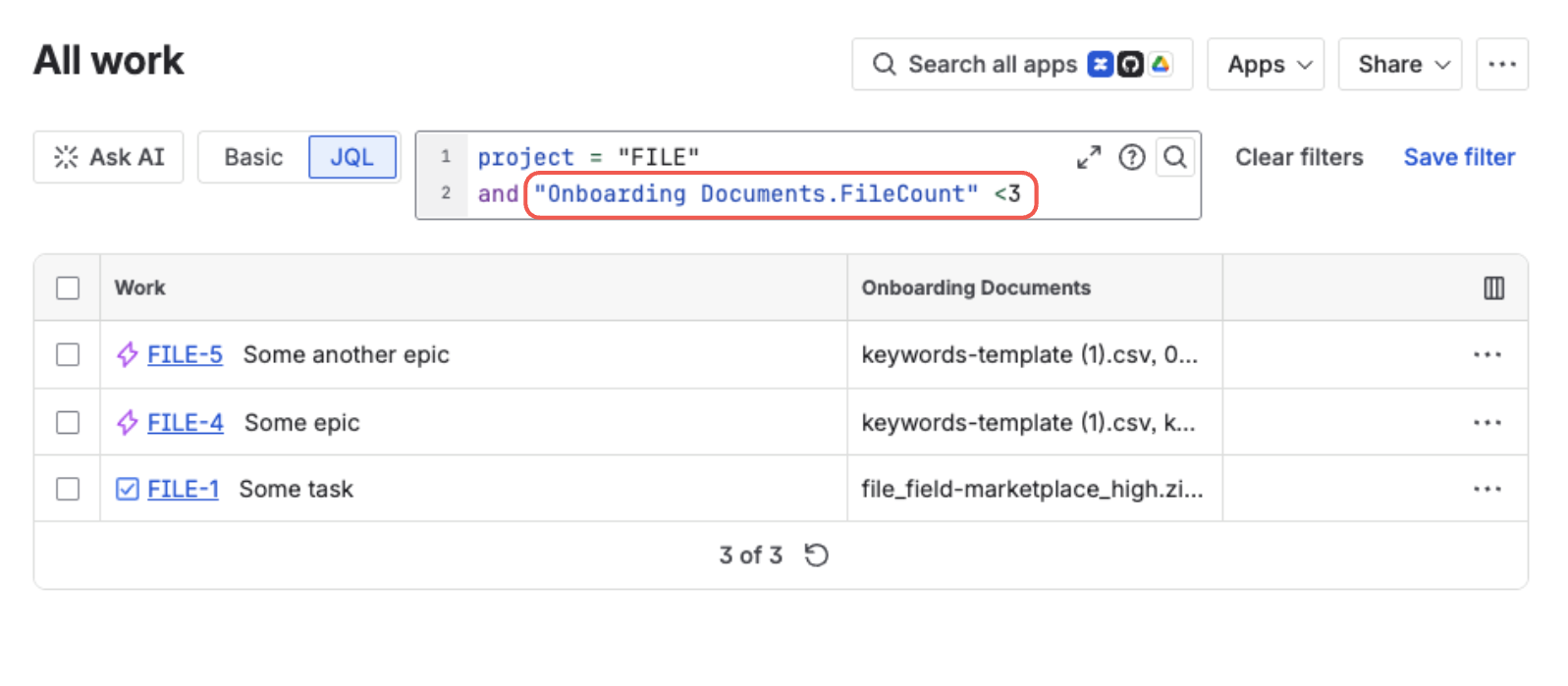 Jira Advanced search in JQL mode running project = FILE AND "Onboarding Documents.FileCount" < 3, returning three issues with their attached file names shown in the Onboarding Documents column