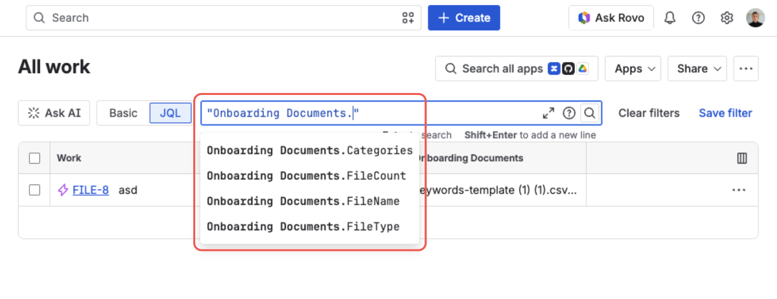 Jira Advanced search in JQL mode — typing "Onboarding Documents." suggests the field's four search dimensions: Categories, FileCount, FileName, and FileType