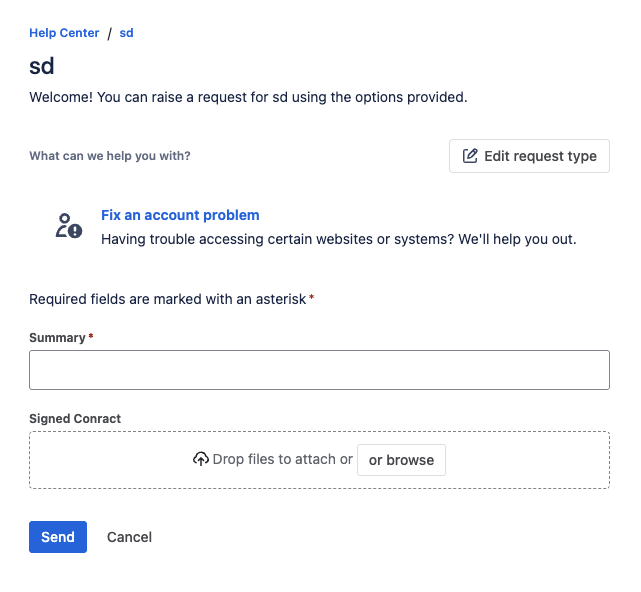 Jira Service Management customer portal — a request form with the Signed Contract File Field showing a drop zone to attach files