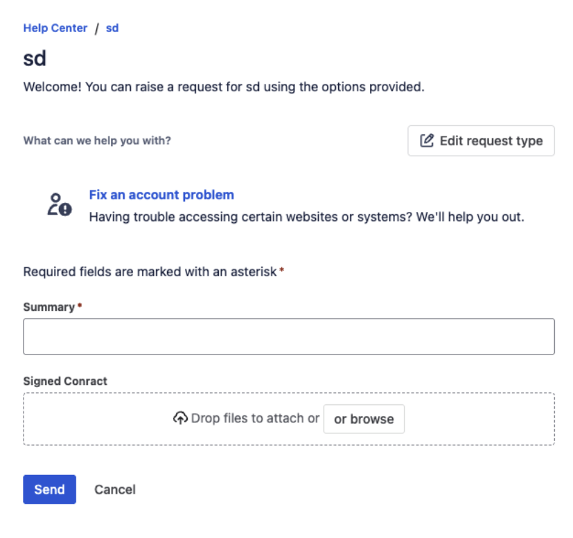 The Jira Service Management customer portal request form, showing a File Field with a drop zone — "Drop files to attach or browse" — below the Summary field