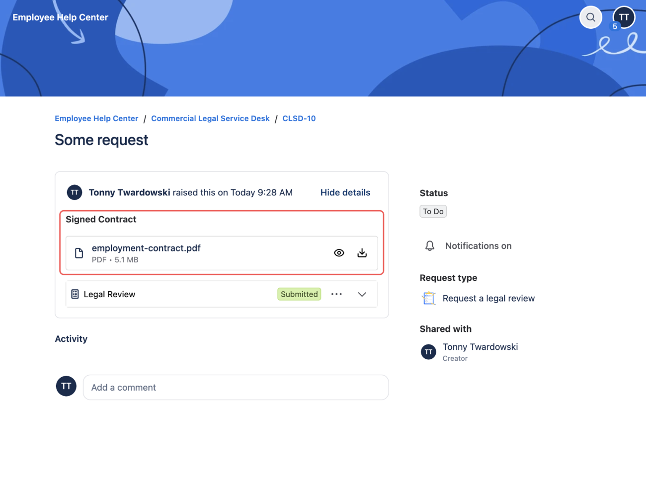 A submitted request in the Jira Service Management customer portal, with the File Field "Signed Contract" in the request details showing an attached PDF and its preview and download actions