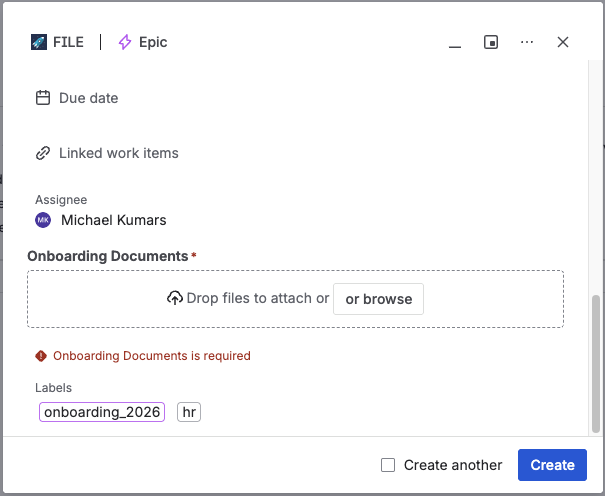 Create-issue form — the Onboarding Documents field marked with an asterisk and an "Onboarding Documents is required" validation error