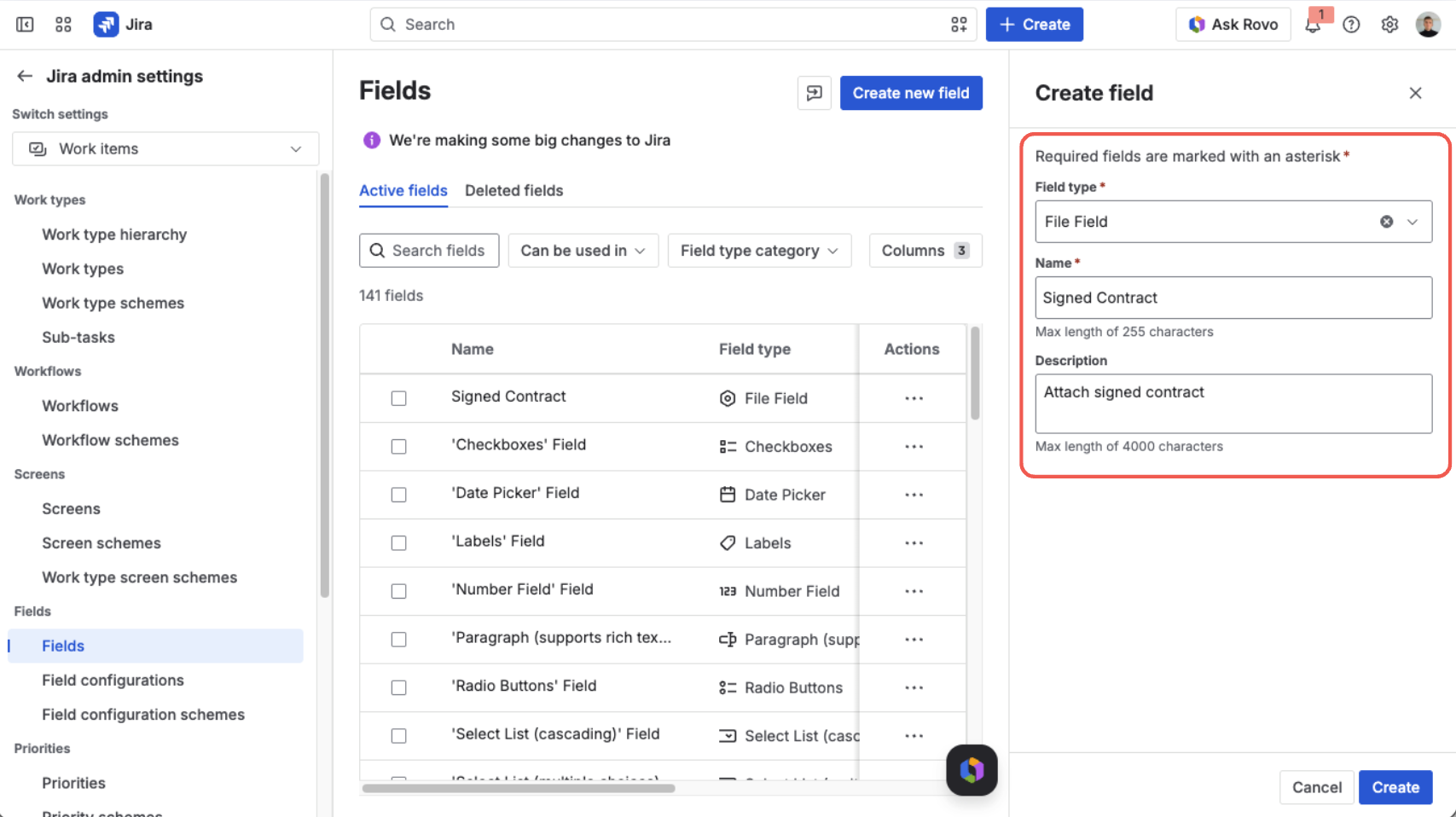 Naming the File Field custom field “Signed Contract” with a description in the Create field panel