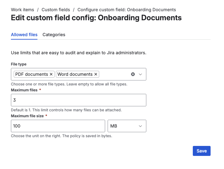 Edit custom field config — the Allowed files form with file type, maximum files, and maximum file size settings