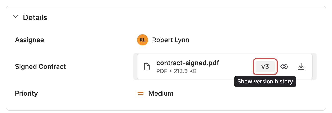 The Signed Contract field in the issue's Details panel — contract-signed.pdf with its v3 marker highlighted and the tooltip Show version history