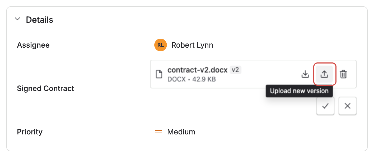 The Signed Contract field open for editing in the issue's Details panel — contract-v2.docx marked v2, with the Upload new version action highlighted between Download and Delete