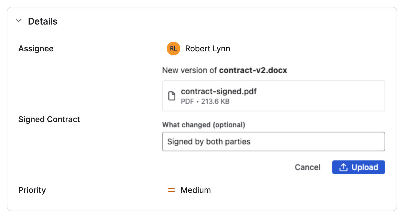 The new version panel in the Signed Contract field — New version of contract-v2.docx, the picked file contract-signed.pdf, the note Signed by both parties in What changed, and the Cancel and Upload buttons