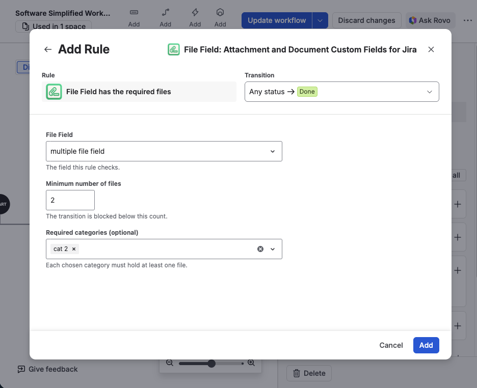 The Add Rule form for File Field has the required files — a transition of Any status to Done, a chosen File Field, a minimum of 2 files, and one required category selected