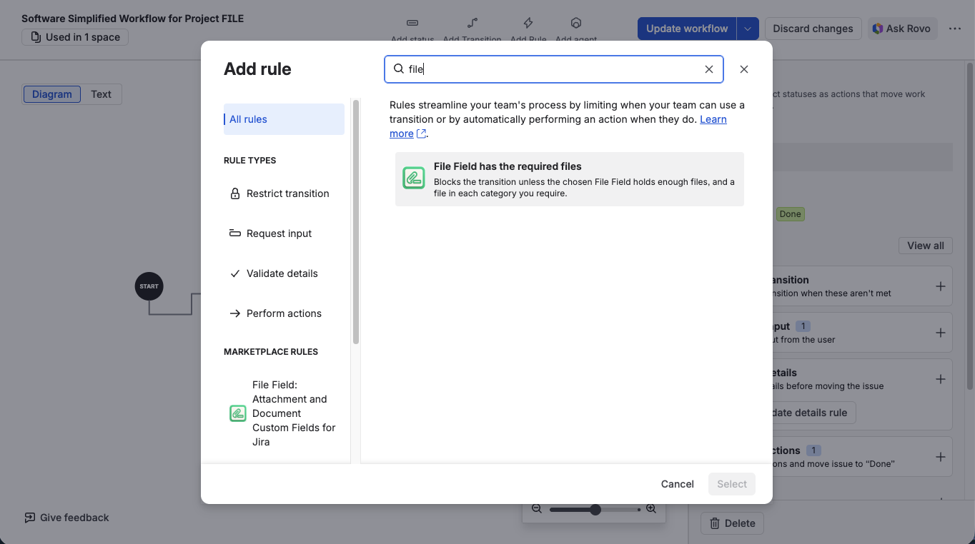 The Add rule dialog in the Jira workflow editor — a search for “file” returning “File Field has the required files” with its description, listed under Marketplace rules