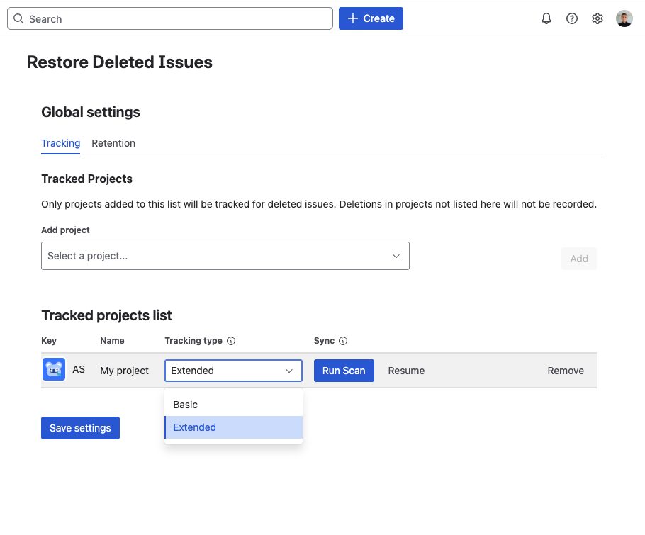 Add project dialog — project selector and Basic / Extended profile toggle