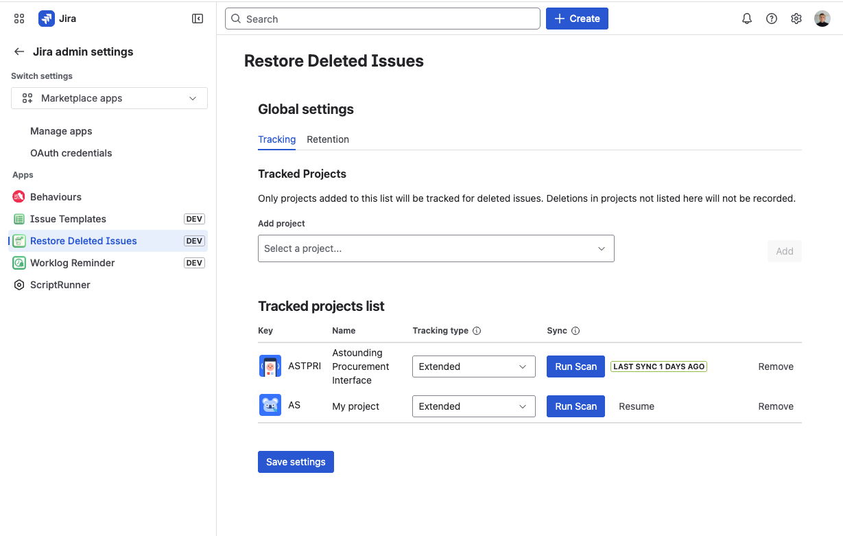 Jira Settings → Marketplace Apps — Restore Deleted Issues entry point