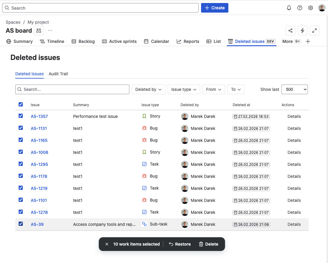 Deleted Issues list with multiple records selected and bulk action toolbar visible