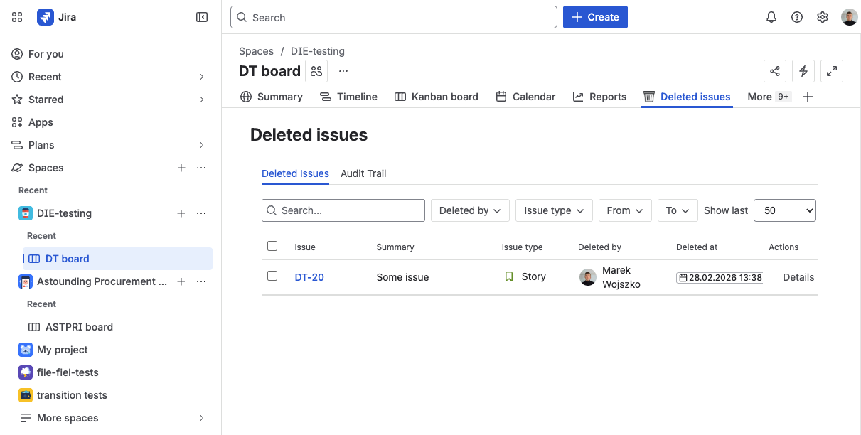 Deleted Issues panel — first captured deletion record