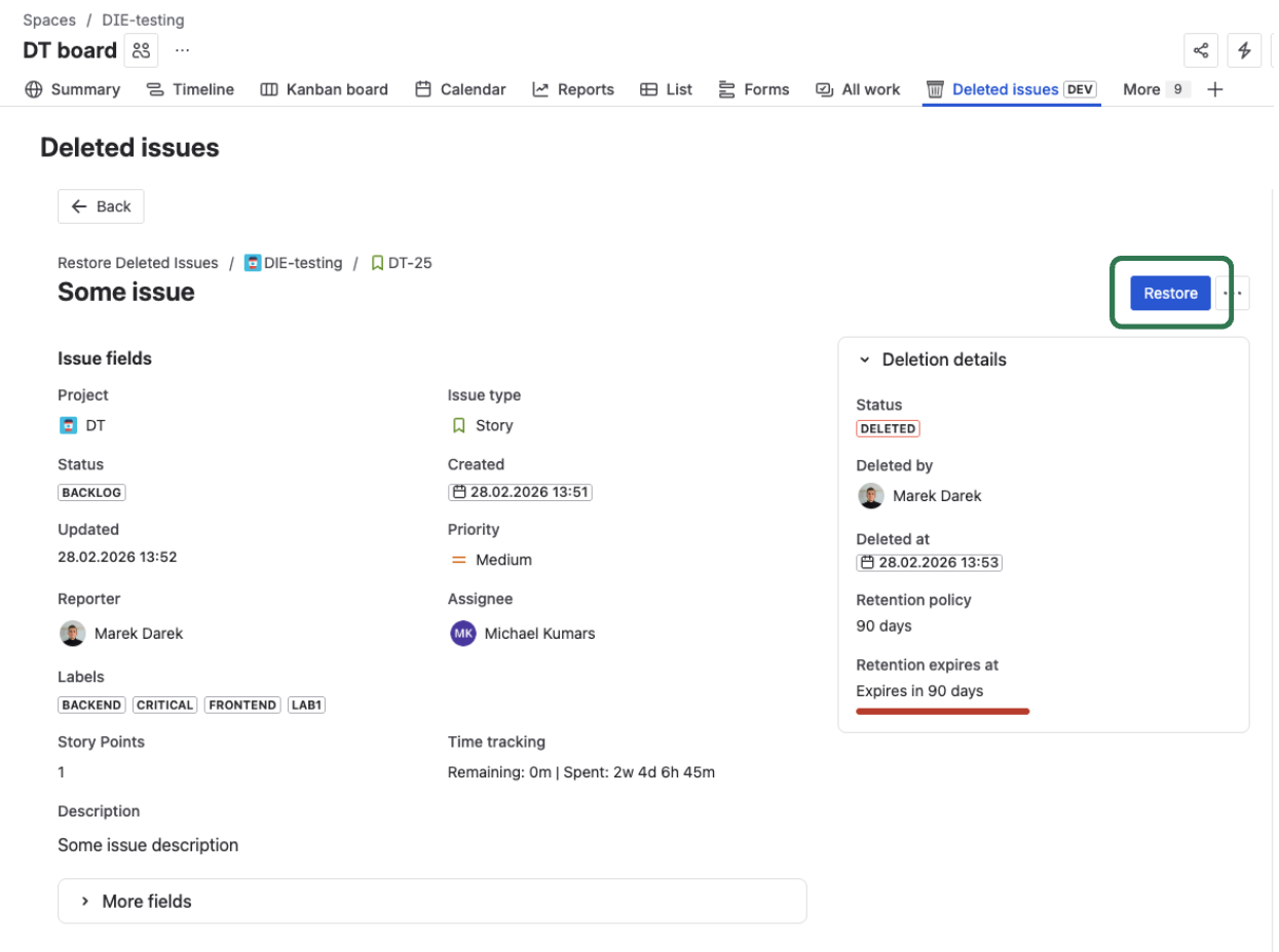 Detail view header showing Restore, Export, and Delete permanently action buttons