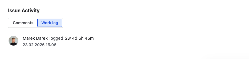 Issue Activity section showing captured comments and worklogs in the detail view