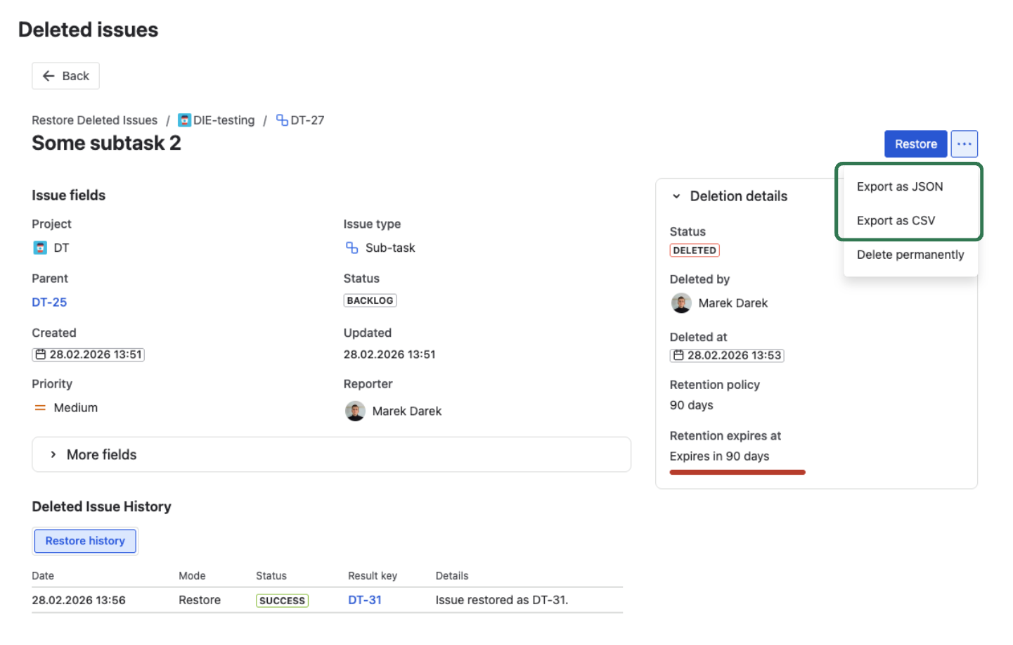 Export dropdown in the detail view header showing JSON and CSV format options