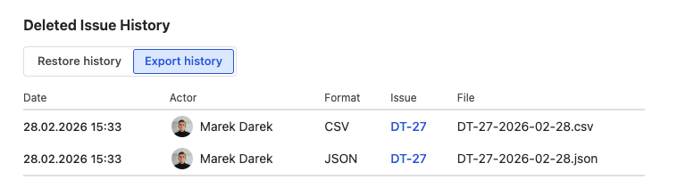Export History section in the detail view showing a logged export entry with actor, date, format, and filename